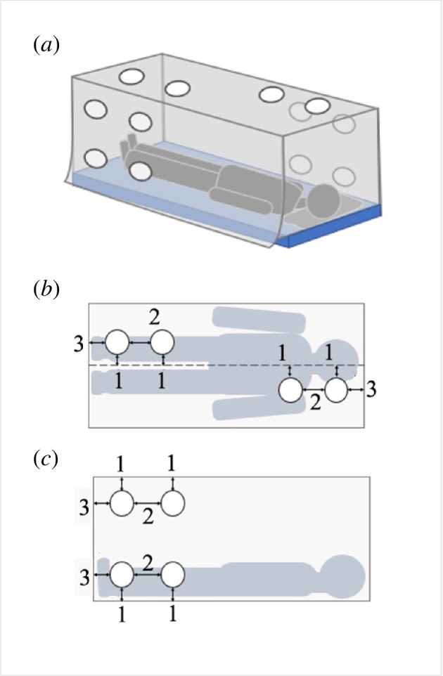 Location of holes introduced into test bednets. (a) Schematic showing the location of twelve 10 cm holes in the bednet, and the untucked edge on one long side of the net