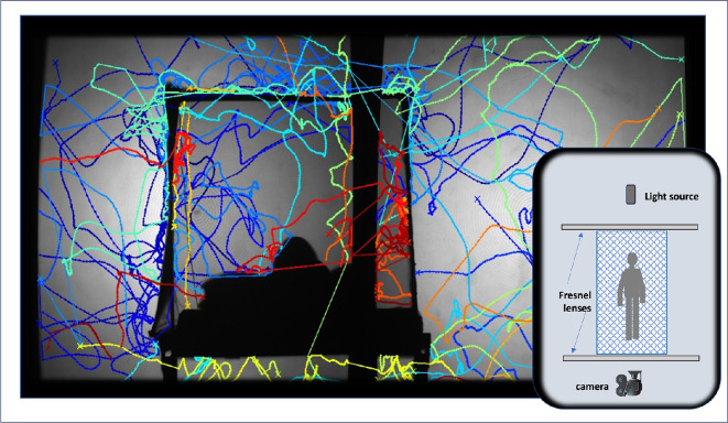 Example of tracked flights of five mosquitoes outside and inside a human-baited bed net. The image shows the broad spatial region occupied by the mosquitoes