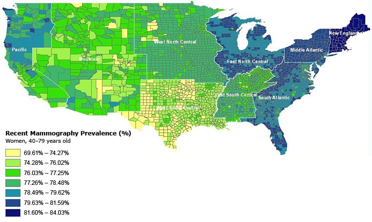 The figure shows the lack of agreement between the 2 methods of assessing total daily intake. P < .001, r = 0.41. US Census divisions are New England (Maine, New Hampshire, Vermont, Rhode Island, Massachusetts), Middle Atlantic (New York, Pennsylvania, New Jersey, Connecticut), South Atlantic (Virginia, West Virginia, Delaware, Maryland, District of Columbia, North Carolina, South Carolina, Georgia, Florida), East South Central (Kentucky, Mississippi, Alabama, Tennessee), East North Central (Wisconsin, Illinois, Michigan, Indiana, Ohio), West North Central (North Dakota, South Dakota, Nebraska, Kansas, Minnesota, Iowa, Missouri), West South Central (Louisiana, Texas, Oklahoma, Arkansas), Mountain (Montana, Idaho, Wyoming, Nevada, Utah, Colorado, Arizona, New Mexico), and Pacific (Washington, Oregon, California, Alaska, and Hawaii). With the exception of some counties within each division, the map generally shows a mammography rate of 81.60%-84.03% for New England, 79.63-81.59 for Middle Atlantic, 78.49-81.59 for South Atlantic and East North Central, 77.26-78.48 for West North Central and East South Central, 69.61-77.25 for West South Central, 74.28-78.48 for Mountain, and 76.03-79.62 for Pacific regions. Hawaii and Alaska were not assessed.