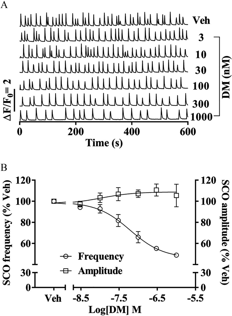 Figure 4A is a graph plotting V e h and deltamethrin exposure at 3, 10, 30, 100, 300, and 1000 nanomolars (right y-axis) across time at 0, 200, 400, and 600 seconds (x-axis). Figure 4B is a graph plotting deltamethrin-altered SCO frequency and deltamethrin-altered SCO amplitude on left y-axis and right y-axis, respectively, with addition of V e h at 0, 30, 60, 80, 100, and 120 percent across V e h Log (deltamethrin) molar at negative 8.5, negative 7.5, negative 6.5, and negative 5.5 (x-axis), representing data as standard error of mean.