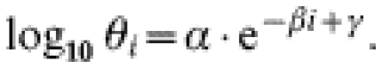 \log _{\setnum{10}} \thetas _{i} \equals \alpha \hskip-.6\cdot \hskip-.6{\rm e}^{ \minus \beta i \plus \gamma}.\hfill