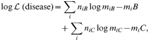 \eqalign{ {\log {\cal L} \; \lpar {\rm disease}\rpar \equals\tab \sum\limits_{i}^{} {n_{iB} \log m_{iB} \minus m_{i} B} }\cr\tab \hskip-90\plus \sum\limits_{i} {n_{iC} \log m_{iC} \minus m_{i} C} \comma }\hfill