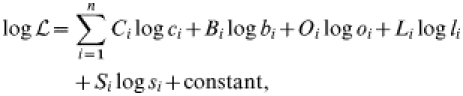 \eqalign{\log {\cal L} \equals \tab\sum\limits_{i \equals \setnum{1}}^{n} {C_{i} \log c_{i} \plus B_{i} \log b_{i} \plus O_{i} \log o_{i} \plus L_{i} \log l_{i} } \cr\tab \plus S_{i} \log s_{i} \plus {\rm constant} \comma}\hfill