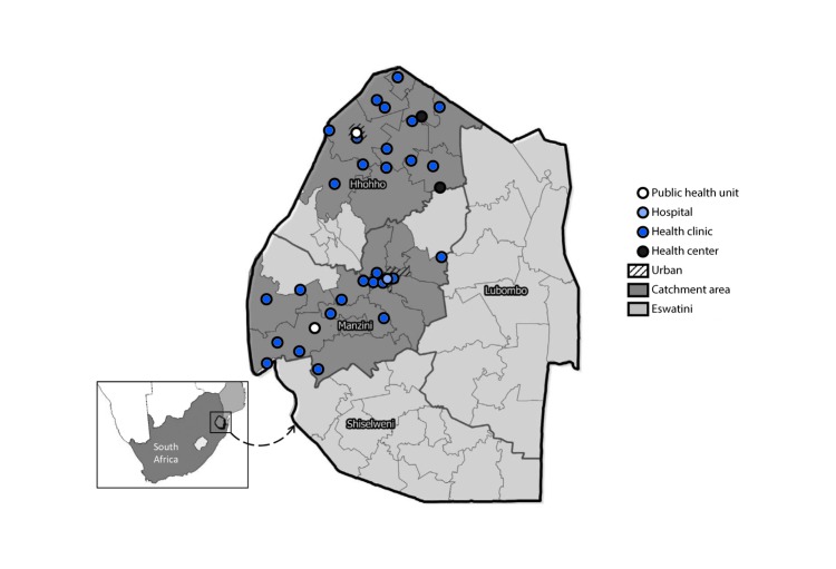 The figure above is a map of Eswatini showing CommLink catchment areas and referral human immunodeficiency virus–care facilities located in Eswatini during June 2015–March 2017.