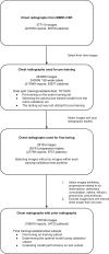 MIMIC-CXR data selection flowchart. The initial dataset had a total of 377 110 chest radiographs and their associated radiology reports from 65 379 patients. Only frontal view radiographs (243 008) were included for pretraining models, with 69 binary labels for each image. From this pretraining dataset, 176 168 images had prior images from 34 123 patients. A selection process was applied to choose images with progressions related to six observations and interval times shorter than 1 year, resulting in 28 153 frontal view radiographs with 36 743 progression labels (triplets) from 9737 patients for fine-tuning the models. The pretraining dataset was randomly split into training, validation, and testing sets in a ratio of 70:10:20 with no shared patients, and this split was kept consistent for model fine-tuning.