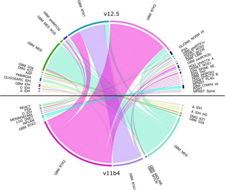 Figure 1. Methylation classes in progressive glioblastoma of the EORTC-26101 study. Circos blot showing methylation classification according to the v11b4 and v12.5 version of the methylation classifier (n = 380).