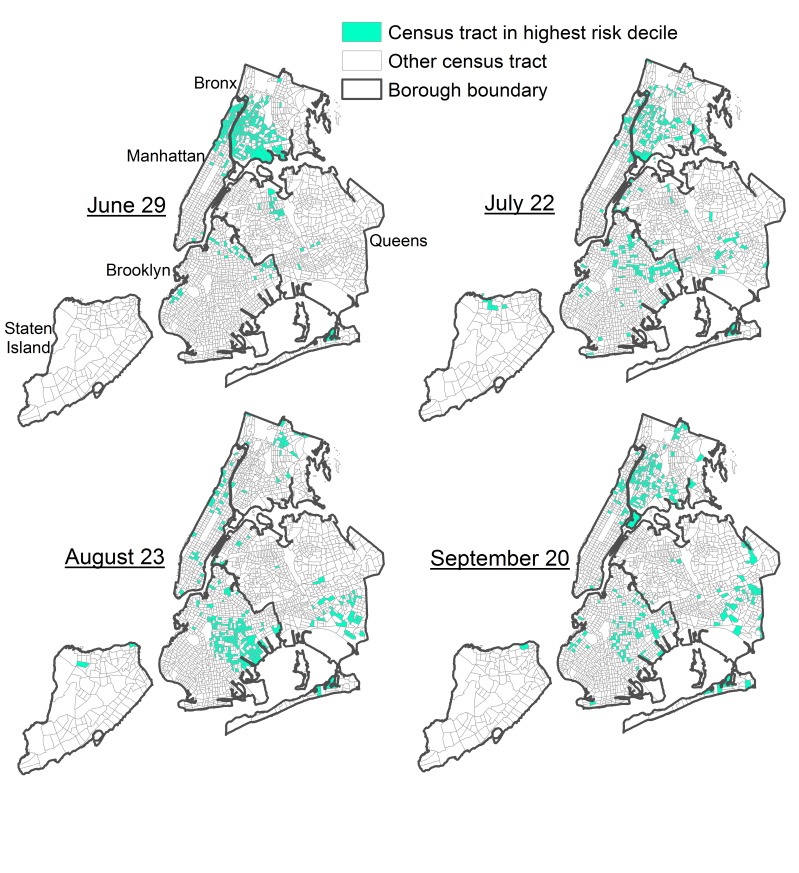 Census tracts in the highest decile of modeled risk of Zika virus importation as of nowcast for four time points, New York City, 2016