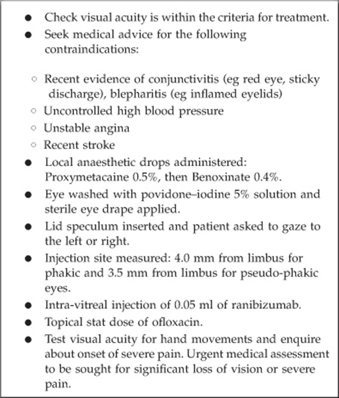 Box 1. Procedure for ranibizumab injections by the NP