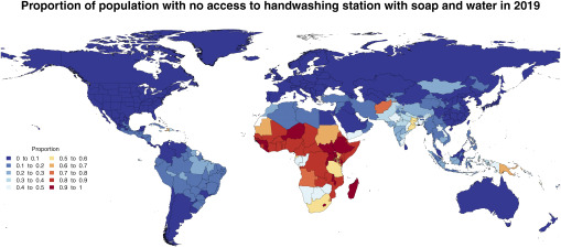 Figure 2 is a world map, plotting proportion of population with no access to handwashing station with soap and water in 2019 for the following proportion groups: 0 to 0.1, 0.1 to 0.2, 0.2 to 0.3, 0.3 to 0.4, 0.4 to 0.5, 0.5 to 0.6, 0.6 to 0.7, 0.7 to 0.8, 0.8 to 0.9, and 0.9 to 1.