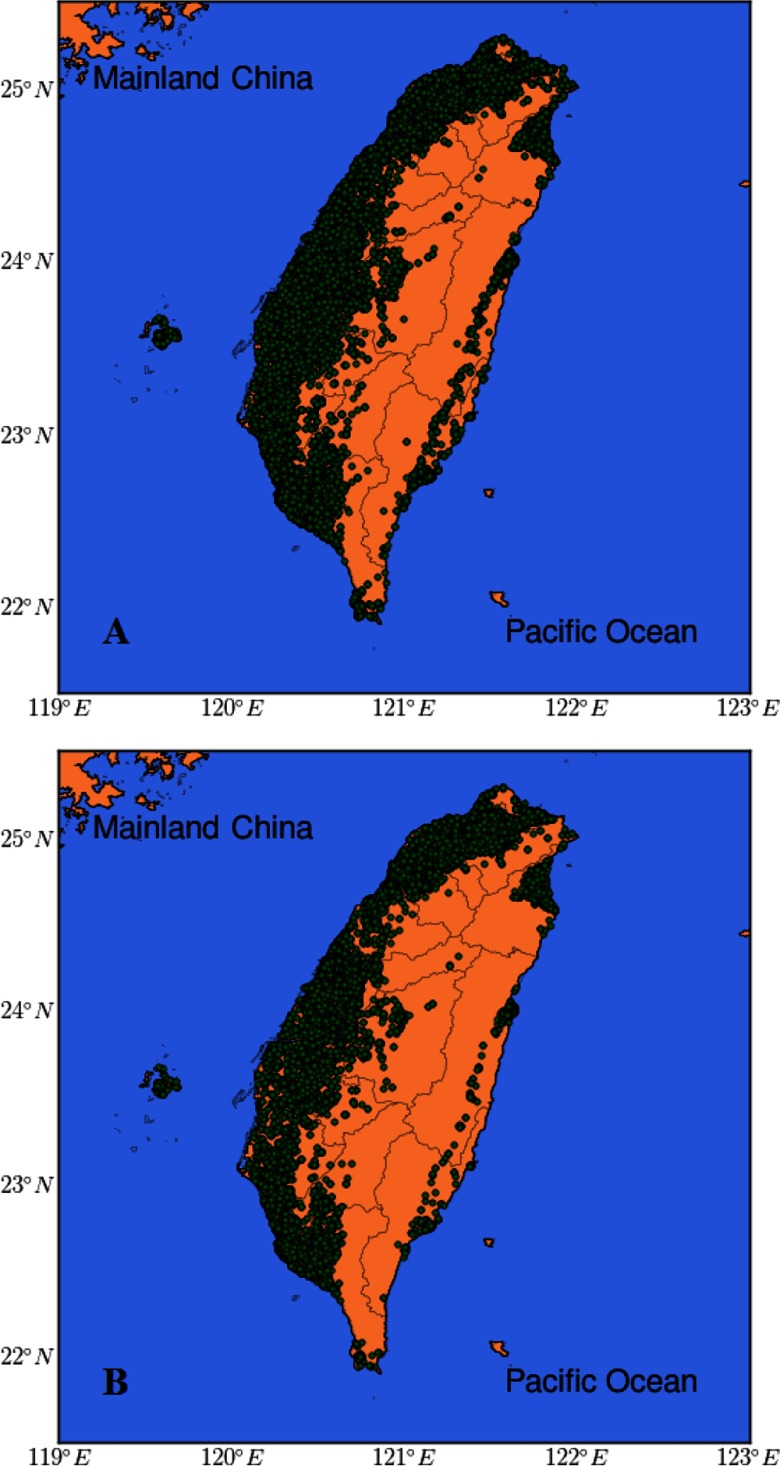 Two maps of Taiwan marking the locations of the study participants for blood pressure and incident hypertension