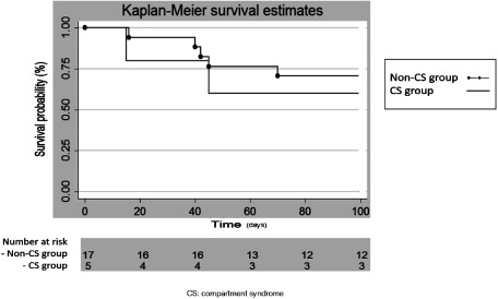 Fig. 2 The Kaplan–Meier curve of survival rates for acute limb ischemia patients of the CS and the non-CS groups.