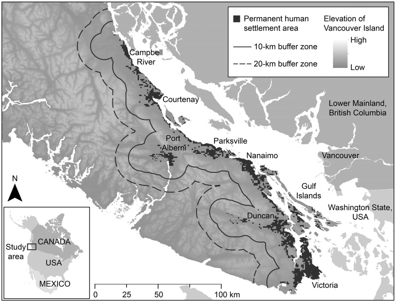 Figure 1 is a map of southern Vancouver Island depicting the permanent human settlement areas as of 2015 near the eastern shoreline of the island, along with border lines for the 10- and 20-kilometer buffer zones. The areas that are marked on the map are: Campbell River, Courtenay, Port Alberni, Parksville, Nanaimo, Gulf Islands, Duncan, Washington State, Vancouver, Lower Mainland, British Columbia, and Victoria. A scale depicts kilometer ranges from 0 to 50 in increments of 25 and 50 to 100 in increments of 50. The elevation of Vancouver Island ranges between high and low. At the bottom left, an inset map displays the study area in relation to Canada, the United States, and Mexico.