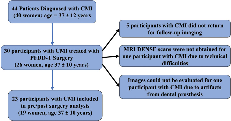 Participant flowchart. CMI = Chiari malformation type I, DENSE = displacement encoding with stimulated echoes, PFDD-T = posterior fossa decompression surgery with duraplasty and cauterization of cerebellar tonsils.