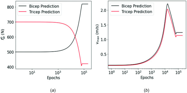 Evolution of the identified MSK parameters: (a) f0M and (b) vmaxM of bicep and triceps during the training process. It shows the identified parameters converge to estimates that are in the physiological range of those parameters, as summarized in Table 3.