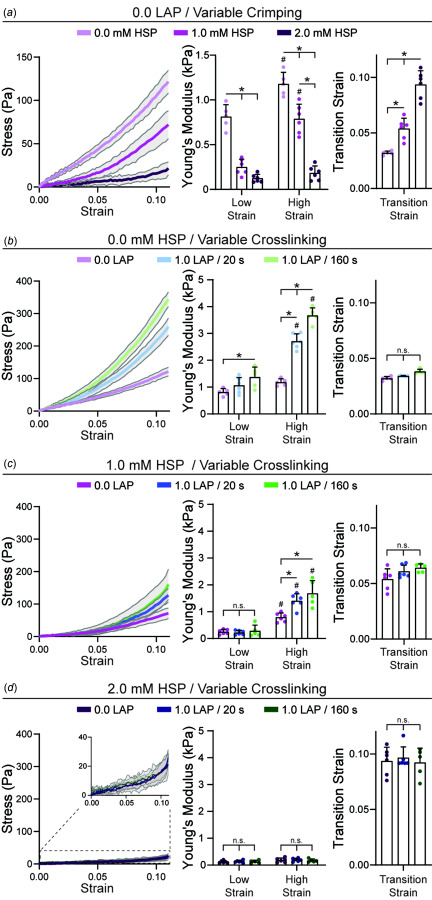 Mechanical characterization of crimped DexVS matrices. Average stress–strain curves with quantification of Young's modulus at low (0–0.055) and high (0.055–0.11) strain and transition strain for DexVS matrices with (a) variable HSP concentrations and no additional crosslinking, (b) variable crosslinking at 0.0 mM HSP, (c) variable crosslinking at 1.0 mM HSP, and (d) variable crosslinking at 2.0 mM HSP (n = 5–6 matrices per group). All data presented as mean ± standard deviation; *p < 0.05. # indicates statistical significance (p < 0.05) between low and high strain.