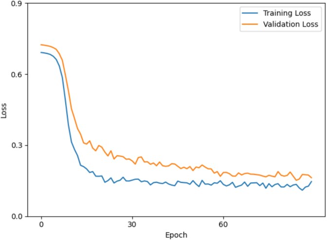 A line chart showing the training loss decreasing steadily across epochs.