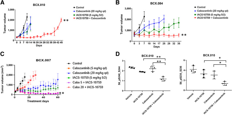 Figure 4. Targeting AXL1-expressing TNBC with combination of cabozantinib and IACS-10759. A and B, Two AXL1 high TNBC PDXs (A, BCX.010; B, BCX.084) were treated with cabozantinib (20 mg/kg, orally, daily) and IACS-10759 (5 mg/kg, orally, 5 days on 2 days off), which prolonged tumor stability compared with either single agent alone. C, A low AXL1-expressing PDX that is relatively more sensitive to IACS-10759 was treated with cabozantinib (20 or 5 mg/kg, orally, daily) and IACS-10759 (5 mg/kg, orally, 5 days on 2 days off) and both combinations resulted in tumor regression from baseline. Data shown mean ±SEM. D, In the PI3KCA-mutant PDX (BCX.010), the combination of cabozantinib and IACS-10759 significantly inhibited PI3K/mTOR pathway to a greater extent than either single agent alone as evidenced by decreased phosphorylation of ribosomal protein S6 on RPPA. *, P < 0.05; **, P < 0.01.