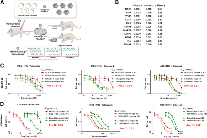 Figure 5. Identification of combination partners for IACS-10759 using in vivo synthetic lethality screen. A, Illustration of method used to identify genes (from gene panel linked to FDA-approved agents) whose suppression led to increased cell loss in presence of IACS-10759 in mice. B, List of genes identified in screen. We chose to validate CDK4, PARP1, and HDAC3 using palbociclib, talazoparib, and entinostat, respectively. C and D, IACS-10759 was synergistic (CI < 1) with palbociclib, talazaparib, and entinostat in BCX.010-CL and MDA-MB-468 cells as assessed by cell growth assays. Ave CI, average combination index.