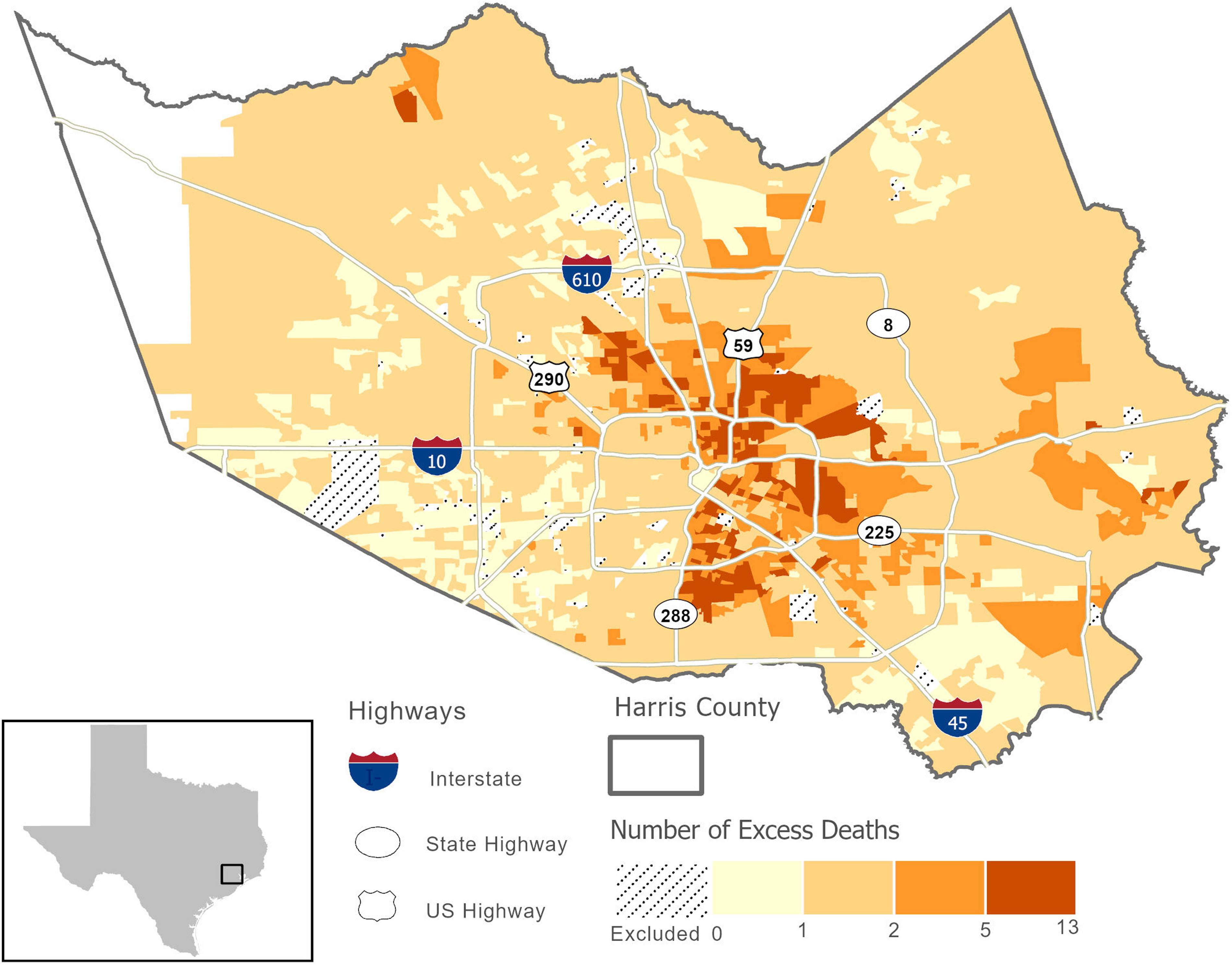 Figure 6 is a map of Harris County and City of Houston, Texas, depicting highways, including interstates, state highways, and U.S. highways. A key depicts the excess deaths from 0 to 2, 1 to 2, 2 to 5, and 5 to 13, with hatched areas indicating the excluded CBGs.