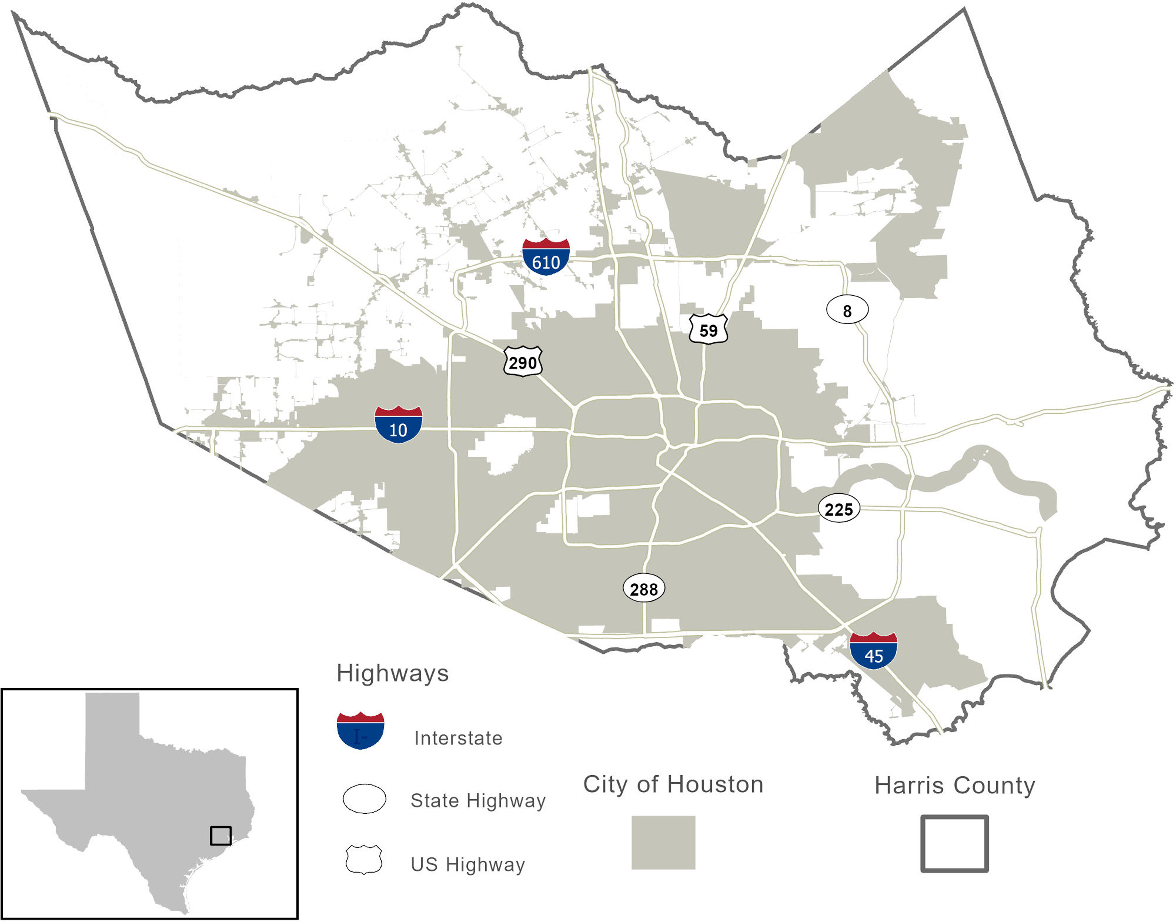 Figure 1 is a map of Harris County and City of Houston, Texas, depicting highways, including interstates, state highways, and U.S. highways. The highlighted part of the map depicts the City of Houston and the part of the map which is not highlighted represents Harris County.