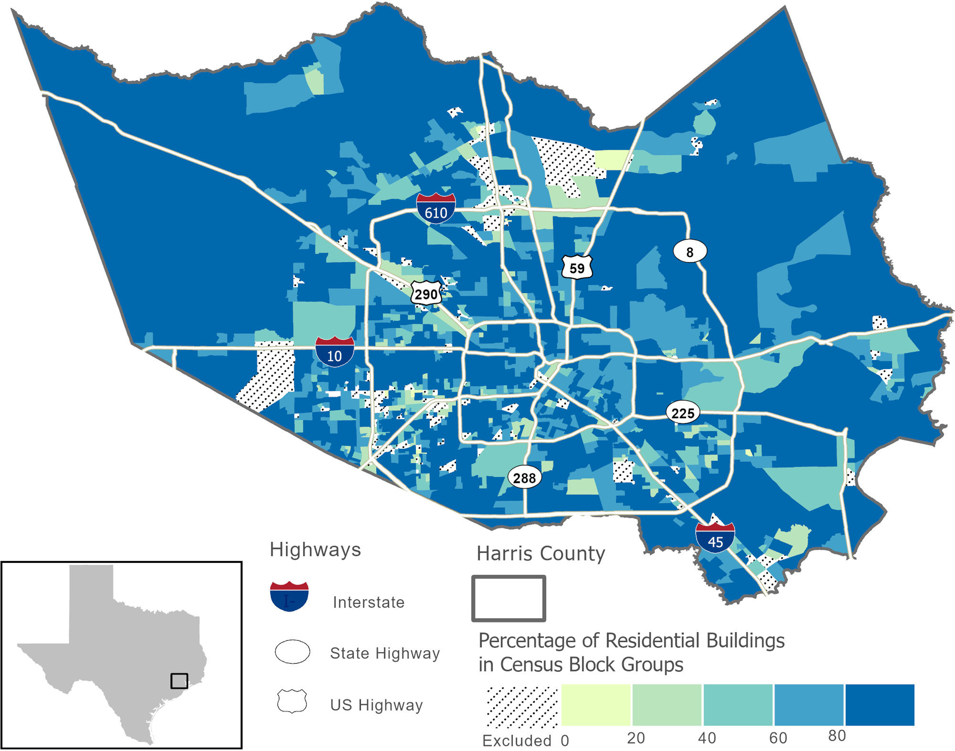 Figure 2 is a map of Harris County and City of Houston, Texas, depicting highways, including interstates, state highways, and U.S. highways. A key depicts percentage of residential buildings in census block groups from excluded to 100 in increments of 20.