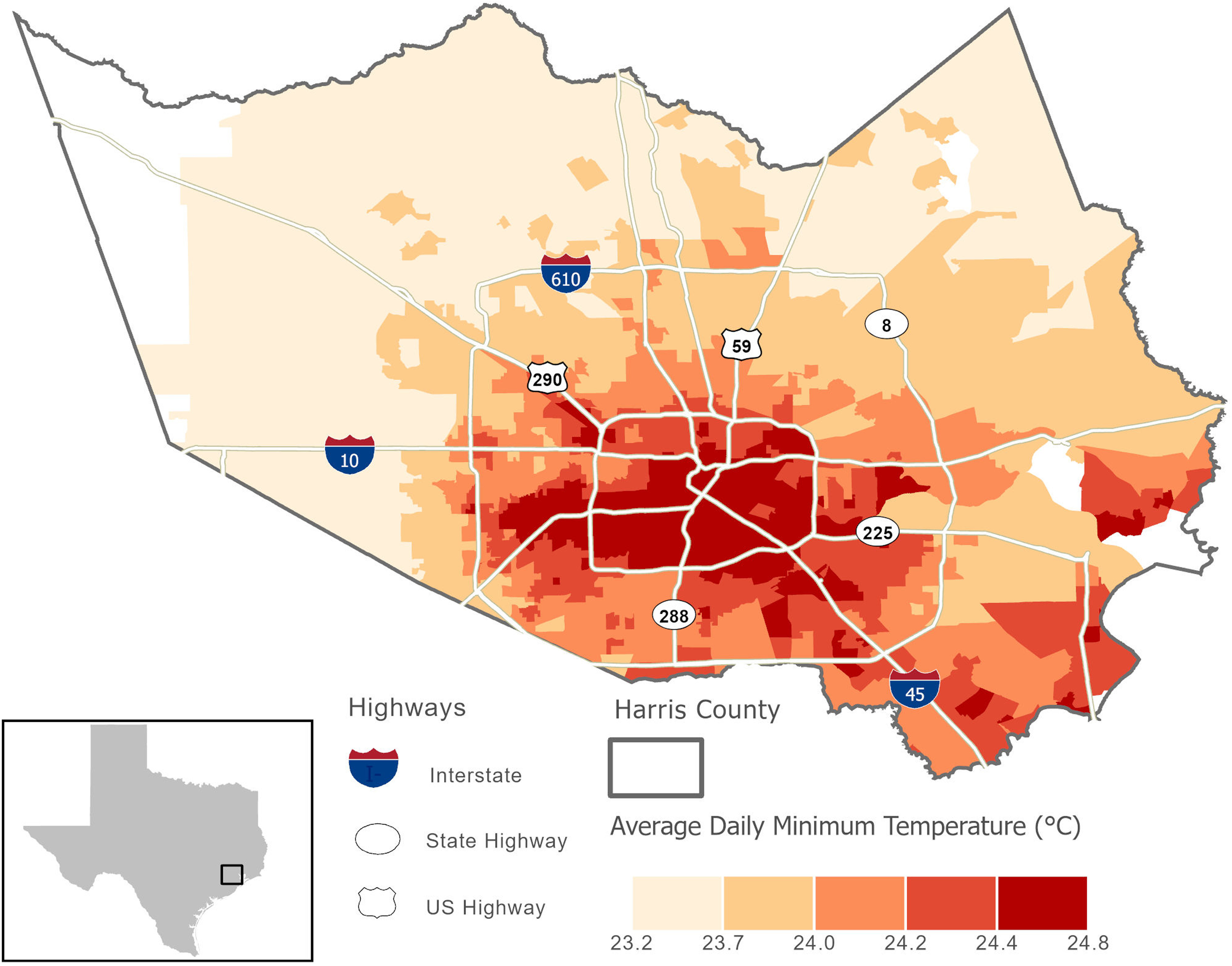 Figure 3 is a map of Harris County and City of Houston, Texas, depicting highways, including interstates, state highways, and U.S. highways. A key depicts average daily minimum temperature (in degrees Celsius) from 23.2 to 23.7, 23.7 to 24.0, 24.0 to 24.2, 24.2 to 24.4, and 24.4 to 24.8.