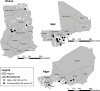 Figure 1 is a set of three maps, namely, Ghana, Mali, and Niger, representing toxic metals at concentrations exceeding the applicable drinking water quality by national standard (N S) and or World Health Organization guideline value by metal, country, and source type for lead exceedances, namely, below both national standard and guideline value and exceeding either national standard and or guideline value. For each map, there is a scale depicting kilometers and ranging from 0 to 150 in increments of 75 and 150 to 300 in increments of 150, from 0 to 410 in increments of 205 and 410 and 820 in increments of 410, and from 0 to 340 in increments of 170 and 680 to 340 in increments of 340, respectively.