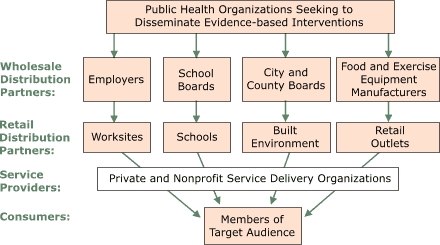 Logic Model This figure is a vertical flow chart with five levels. The top box, public health organizations seeking to disseminate evidence-based interventions, has four arrows point down to four boxes (wholesale distribution partners): 1) employers, 2) school boards, 3) city and county boards, and 4) food and exercise manufacturers. These four boxes point to four retail distribution partners: 1) employers points to worksites, 2) school boards points to schools, 3) city and county boards points to built environment, and 4) food and exercise manufacturers points to retail outlets. These four boxes lead to one box (service providers), private and nonprofit service delivery organizations, which flows to members of target audience, or consumers.