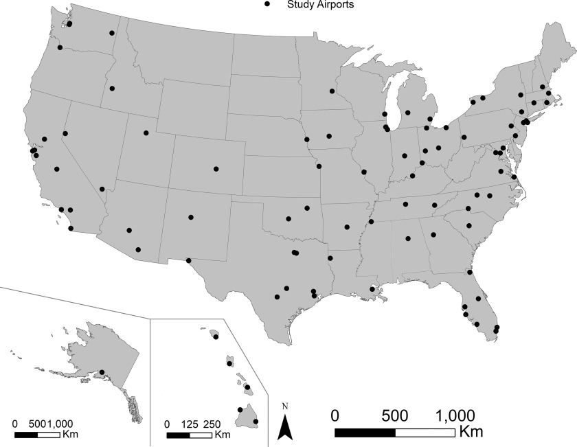 Figure 1 is a map of the United States depicting a study on 90 airports across the nation. A set of three scales depicting kilometers is ranging from 0 to 1,000 in increments of 500 for Alaska, 0 to 250 in increments of 125 for Hawai’i, and 0 to 1,000 in increments of 500 for the contiguous United States.