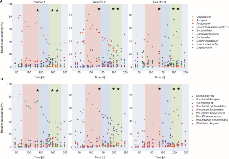 Scatter plots show microbial taxa abundance over time in three reactors. Colors represent different taxa, with shaded backgrounds marking time intervals and stars indicating the availabilit of metagenomic sequencing data.