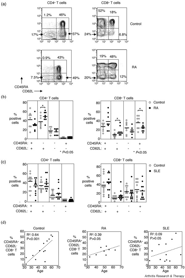 Decreased effector memory CD45RA+ CD62L- CD8+ T cells and increased ...