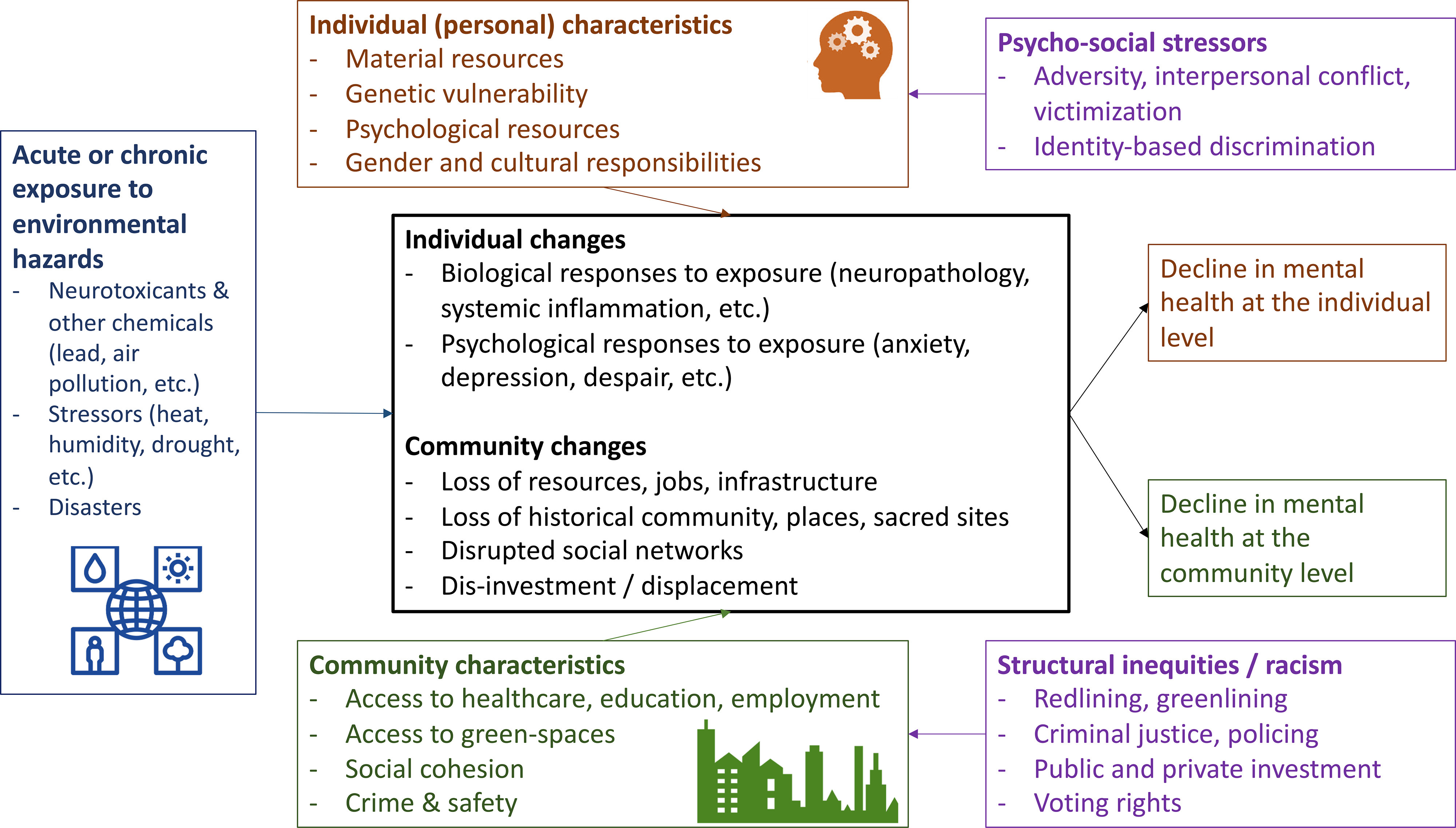 Figure 1 is an interconnected flowchart depicting how acute or chronic exposure to environmental hazards, including Neurotoxicants and other chemicals (lead, air pollution, etc.), Stressors (heat, humidity, drought, etc.), and Disasters leads to individual changes, including Biological responses to exposure (neuropathology, systemic inflammation, etc.) and Psychological responses to exposure (anxiety, depression, despair, etc.) and community changes, including Loss of resources, jobs, infrastructure; Loss of historical community, places, sacred sites; Disrupted social networks; and Dis-investment or displacement, which in turn lead to decline in mental health at the individual level and decline in mental health at the community level. It further shows how psycho-social stressors, including Adversity, interpersonal conflict, victimization Acute or chronic and Identity-based discrimination affect individual (personal) characteristics, leading to individual changes, including Material resources, Genetic vulnerability, Psychological resources, and Gender and cultural responsibilities. The figure shows how structural inequities or racism, including Redlining, Greenlining; Criminal justice, policing; Public and private investment; and Voting rights affect community characteristics, leading to community changes.