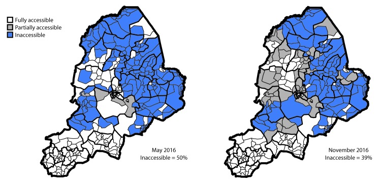 The figure above is a map showing the security-related accessibility classifications within the 27 local government areas in Borno State, Nigeria during May and November 2016.