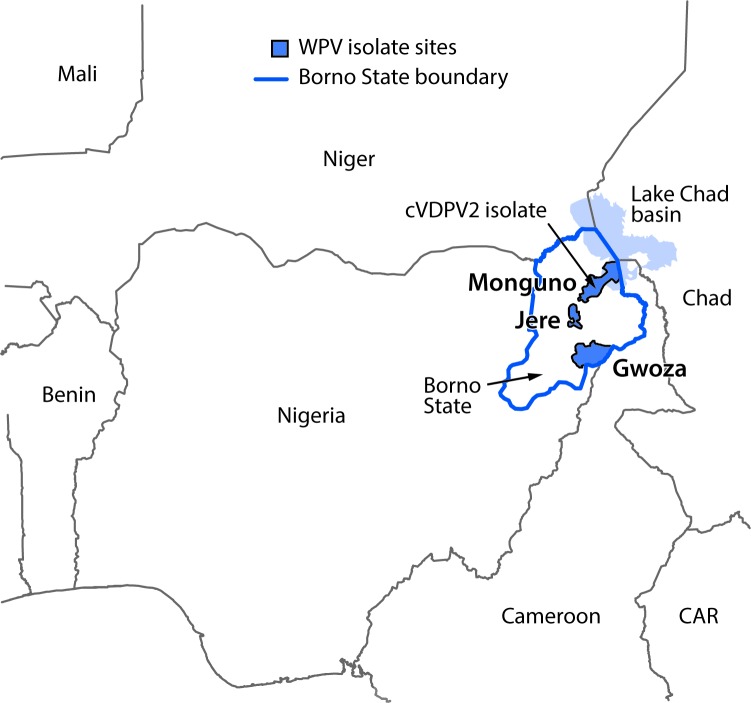 The figure above is map showing a location of wild poliovirus isolates and a circulating vaccine-derived type 2 poliovirus (cVDPV2) isolate identified in the local government areas of Jere, Gwoza, and Monguno in Borno State, Nigeria, in 2016.