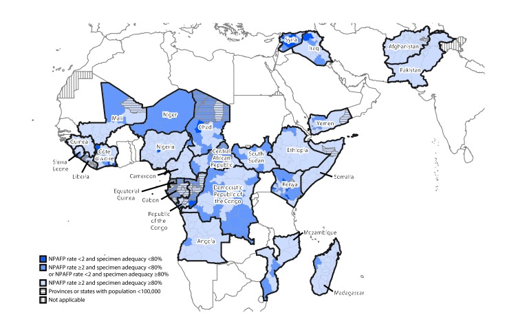 The figure above is a map showing combined performance indicators for the quality of acute flaccid paralysis surveillance in subnational areas (states and provinces) of 26 countries in the World Health Organization African and Eastern Mediterranean Regions that had poliovirus transmission during 2011–2017 or were affected by the Ebola outbreak in West Africa during 2014–2015.