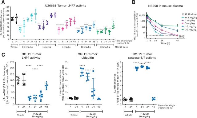 Figure 3. In vivo PK and PD effects of M3258 in multiple myeloma xenograft models. A, Inhibition of LMP7 activity in subcutaneous U266B1 tumors from mice treated once with vehicle or M3258 at 0.3, 1, 3, 10 or 30 mg/kg orally. Statistical comparisons of LMP7 activity data were performed as follows: M3258 groups at 1, 6, and 14 hours versus vehicle at 6 hours; M3258 groups at 24 and 48 hours versus vehicle at 24 hours. B, Mouse plasma PK profiles for the indicated doses of M3258 from the experiment described in A. The lower limit of quantitation (LLOQ) for M3258 is indicated by the horizontal dashed line. C, LMP7 activity (left), levels of ubiquitinated proteins (middle), and caspase 3/7 activity (right) in subcutaneous MM.1S human multiple myeloma xenograft tumors from mice treated once orally with either vehicle or M3258 (10 mg/kg). Statistical comparisons of PD data were performed as follows: M3258 groups at 4 and 14 hours versus vehicle at 4 hours; M3258 groups at 24 and 48 hours versus vehicle at 24 hours. *, P < 0.05; **, P < 0.01; ***, P < 0.001; ****, P < 0.0001.