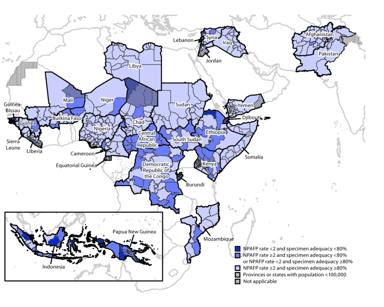 The figure is a map showing the combined performance indicators for the quality of acute flaccid paralysis surveillance during 2018 in subnational areas of 31 countries identified as Global Polio Eradication Initiative high-priority countries during 2018–2020 in the World Health Organization African, Eastern Mediterranean, Western Pacific, and South-East Asia regions.