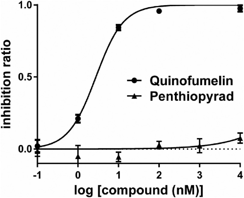 Fig. 4. Effects of quinofumelin and penthiopyrad on recombinant PoDHODH II. Inhibition ratios of PoDHODH II are shown as circles (quinofumelin) and triangles (penthiopyrad). Mean values and standard deviations were calculated from three independent experiments conducted in quadruplicate.