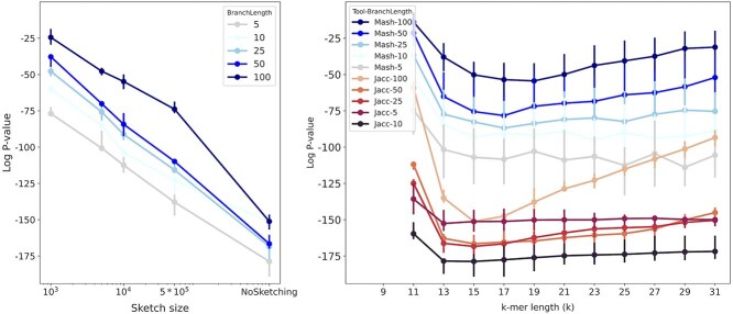 Alt text: A line chart illustrating the impact of sketch size and k-mer length on ANI.