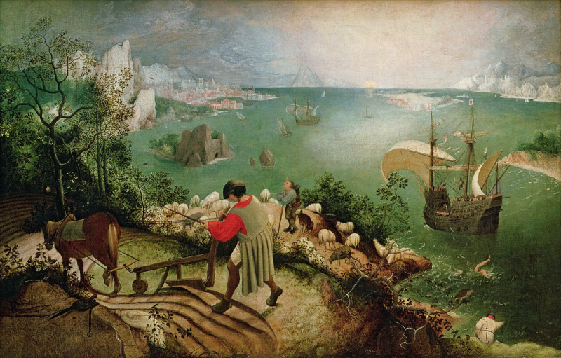 Painting titled "Landscape with the Fall of Icarus," features work-a-day world in foreground with glimpse of boy falling into sea in background