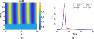 Plots of: (a) contour plot of , exhibiting the formation of spatially inhomogeneous patterns