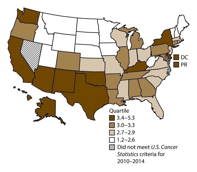 This figure is a U.S. map showing the incidence rates for female liver cancer for 2010–2014.