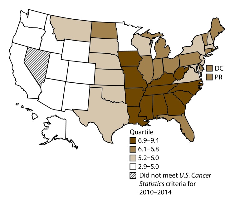 This figure is a U.S. map showing the incidence rates for male laryngeal cancer for 2010–2014.
