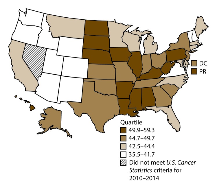This figure is a U.S. map showing the incidence rates for male colon and rectal cancers for 2010–2014.