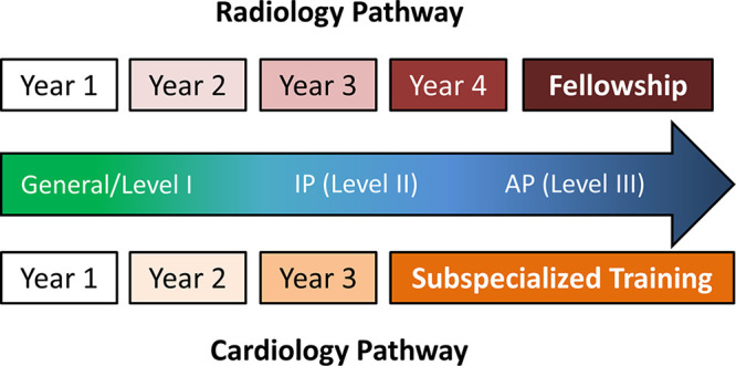 Recommended Pathways to Independent Practitioner & Advanced Practitioner from Cardiology or Radiology Training Backgrounds Local variations in case volume, diversity, and supervisor expertise may allow for completion of IP case volume and requirements as early as the second year of cardiology fellowship. Less variability typically exists with respect to IP training for radiology residents. General curriculum requirements are completed during the first 3 years of training and IP requirements are accomplished during focused cardiac imaging training, typically during the fourth year of training. AP training requires additional fellowship training in advanced cardiac imaging.