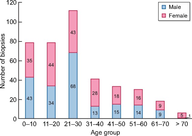 FIGURE 6: Total number of kidney biopsies registered from 2012 to 2019, distributed by age and sex.