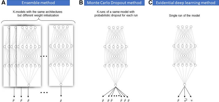 A schematic illustration of different uncertainty quantification methods. (A) Ensemble method by training k models with the same architectures but different weight initialization. (B) Monte Carlo dropout method by running the same model k times with probabilistic dropout for each run. (C) Evidential deep learning (EDL) method by training the model with EDL loss function.