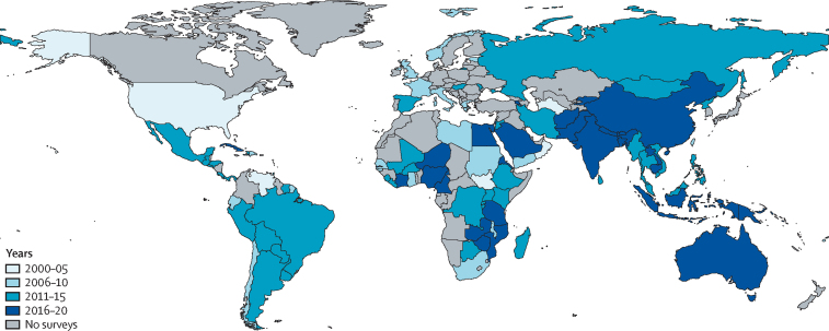 Heatmap of the world, showing the countries with the least to the most recent population-based eye health surveys. Countries are coloured differently depending on how recently the last survey was done. Some countries have done no such surveys.