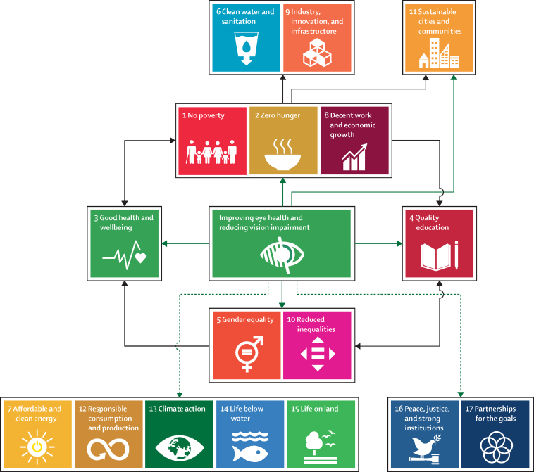 A schematic showing boxes for each of the 17 Sustainable Development Goals and arrows to indicate how improved eye health can have a beneficial effect on each of them, either with direct evidence or indirect evidence of this effect