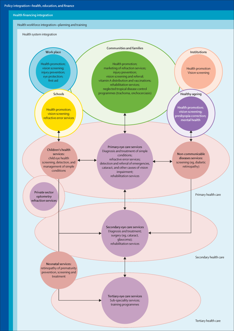 Schematic illustrating a framework for how different eye health services might be integrated into the health-care system at the community, primary, secondary, and tertiary levels. The content of this image is described in full in the main text.